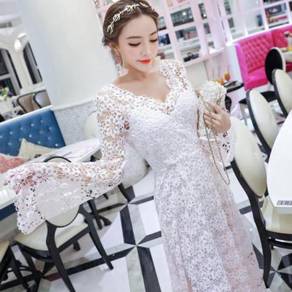 White long sleeve lace maxi dress elegant prom
