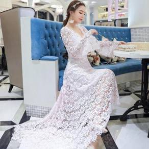 White long sleeve lace maxi dress elegant prom