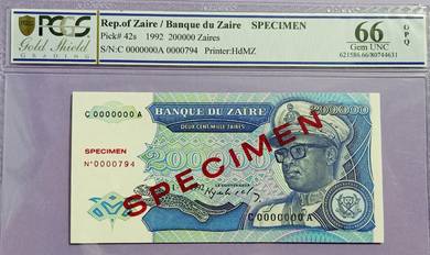 Rep. Of Zaire 200,000 Zaires 1992 SPECIMEN