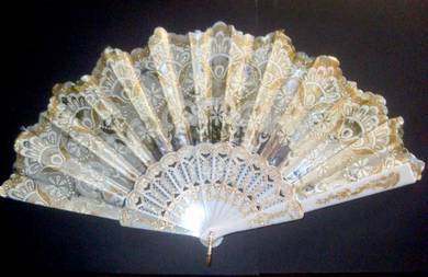 Elegant Embroidered Lace Fan with Gold Trims