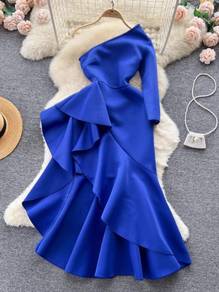 Blue toga prom evening dress gown plus size