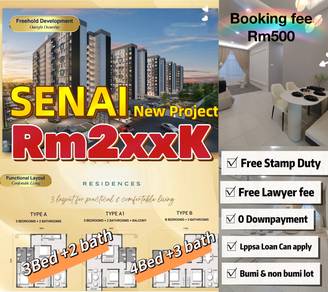 Senai/ Apartment/ Projek baru/ Freehold/ 0 downpayment/ 3bed/ fullloan
