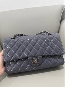 Authentic Chanel Bag Patent DoubleFlap Grey Medium