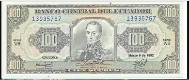 Ecuador 100 Sucres 1992 - Pick P123Ab unc