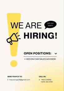 Recon Car Sales Advisor Wanted 聘请进口车销售员
