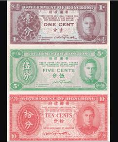 Hong Kong set of 3 - 1, 5, 10 cents 1945 KGVI  unc
