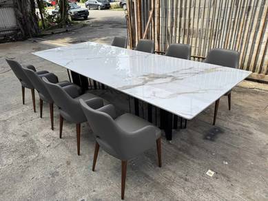 [Set] 10.5ft Marble Ceramic Dining Table   8 Chair