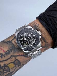 Custom Seiko Mod 40mm Black Skeleton Silver Yacht