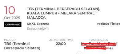 Tiket Bus KKKL( TBS-Melaka Sentral)