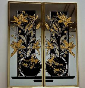 Pair of Gold Lily Globe Motif Etched Mirror Panel