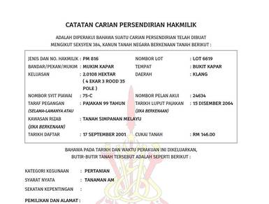 Tapak Lot Masuk Nama Dalam Gran Bukit Kapar Klang