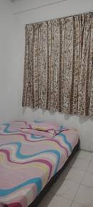 A queen bed with mattress, ceiling fan,  dressing table andd wardrobe.