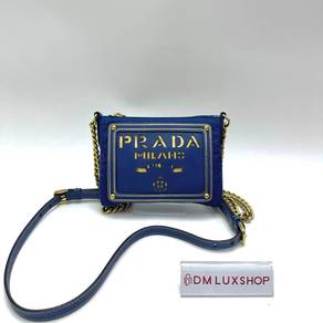 Preloved Prada Blue Tessuto Oro Pouch w/ Chain