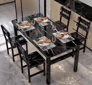 Meja Makan set 4 kerusi design marble hitam