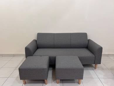 3 seater Dark grey fabric sofa set with 2 stools