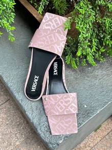 Versace Allover Flat Sandals In Pink Jacquard