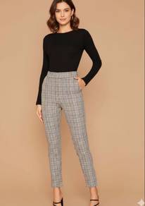 SHEIN Elastic Waist Plaid Pants Formal Look Women
