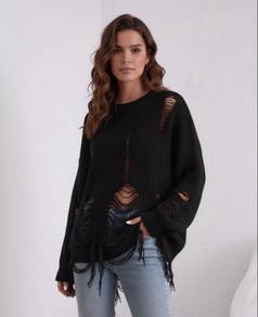 Distressed Asymmetrical Hem Drop Shoulder Sweater