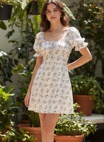 Floral Print Mini White Dress with Puff Sleeves