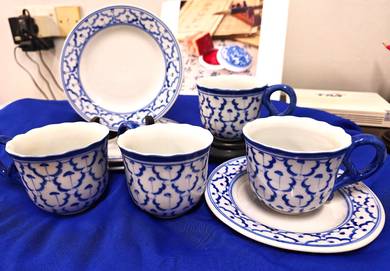 Thailand Hand Painted Blue & White Ceramic Teacups