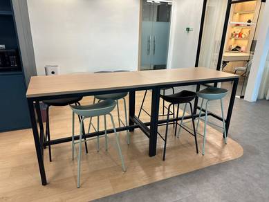 Long Wooden High Table with 6 Bar Stools