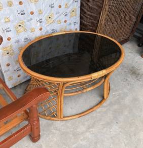Wooden Glass Top Coffee Table / Meja Rotan
