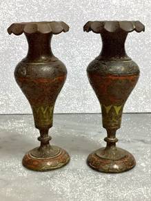 Antique Brass Vases with Enamel Etching (Pair)