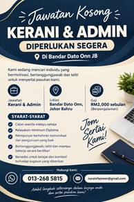 Jawatan Kerani & Admin Di Bandar Dato Onn JB