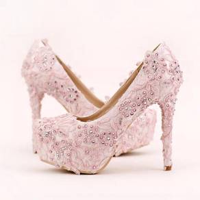 Lace white pink pump wedding bridal high heels
