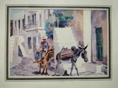 Vintage Painting Man Donkeys