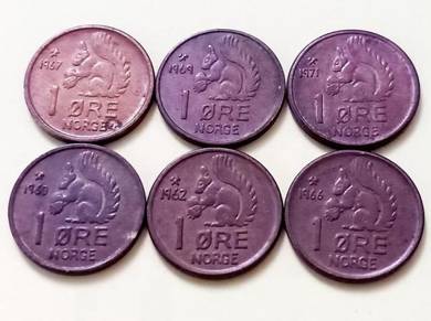Set of 6 Norway 1 Ore squirrel bronze coin