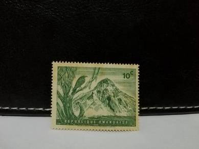 1966 Rwanda Stamp Helmetshrike Bird Volcano