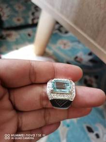 Cincin perak permata aquamarine 6 carat ++
